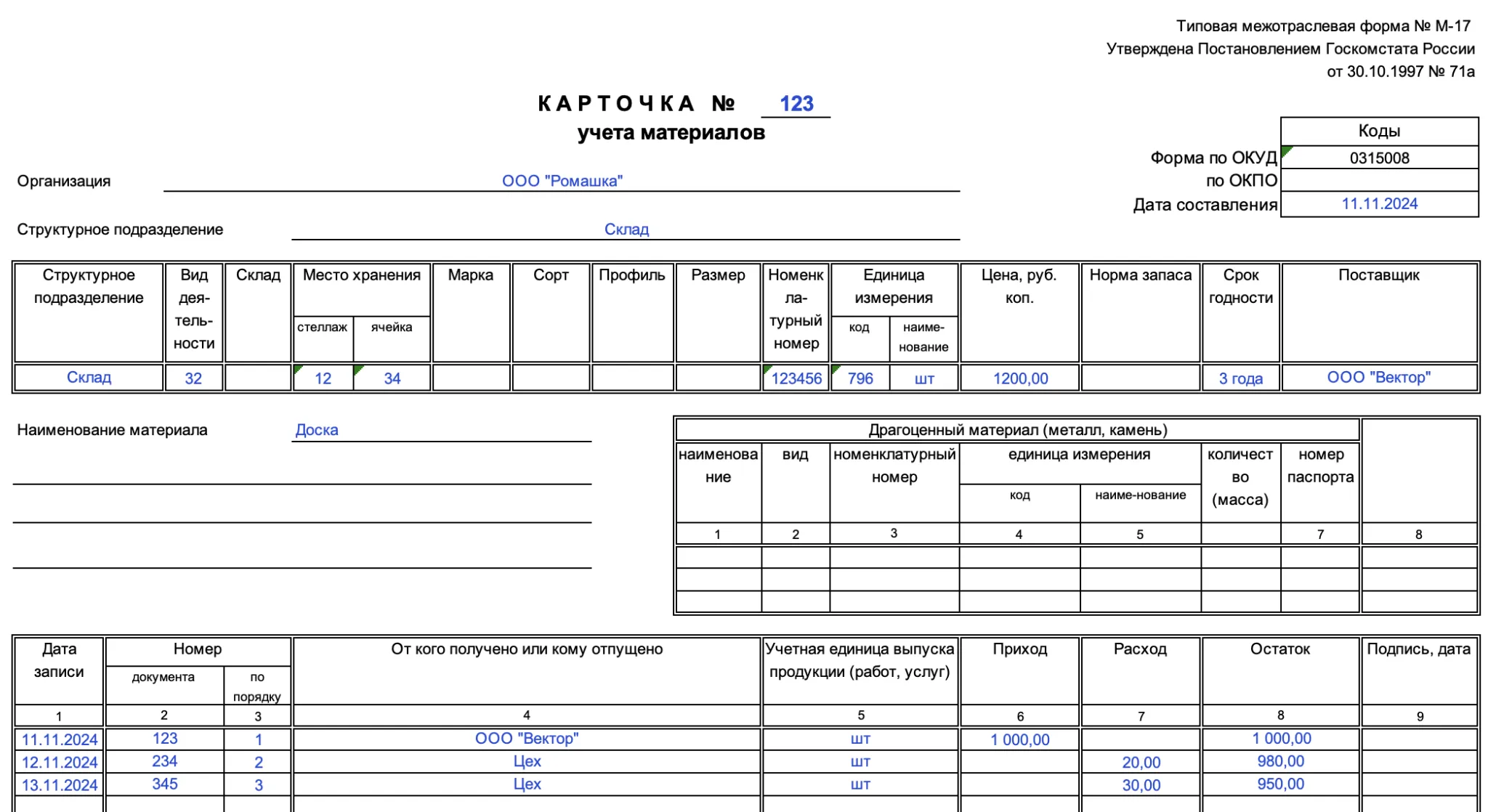 Образец заполнения карточки складского учета М-17