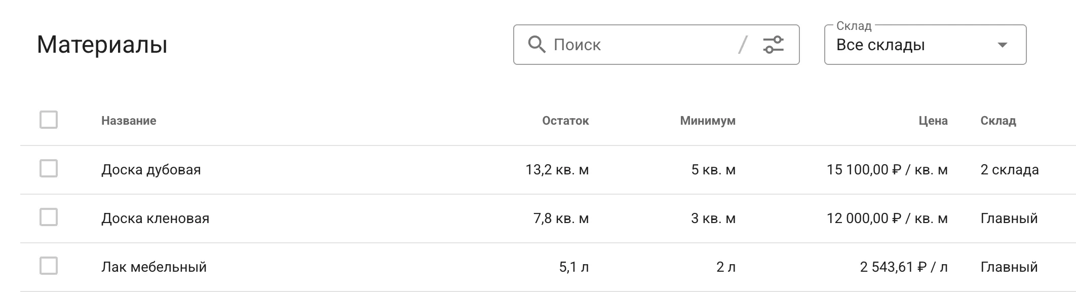 Просмотр остатков по всем складам